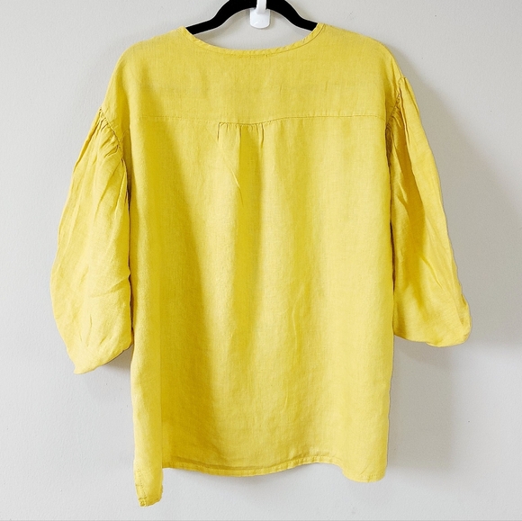 Bellambia Linen Peasant Top Small Yellow Airy Puff Balloon Sleeves Elastic Cuffs - Picture 3 of 7